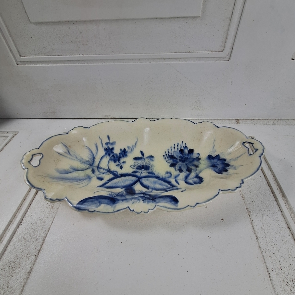 Vintage Blue and Off White Floral Elongated Plate - Picture 7 of 7